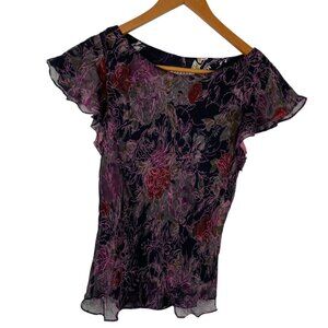 Papell Petite Silk Whimigoth Dark Fairy Floral Flutter Sleeves Top Purple Sz 12P